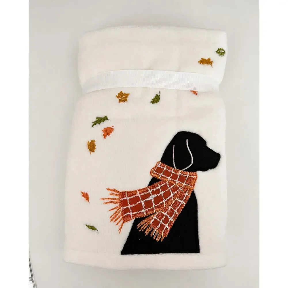 NWT Well Dressed Home Black Lab With Scarf Blowing In Fall Leaves